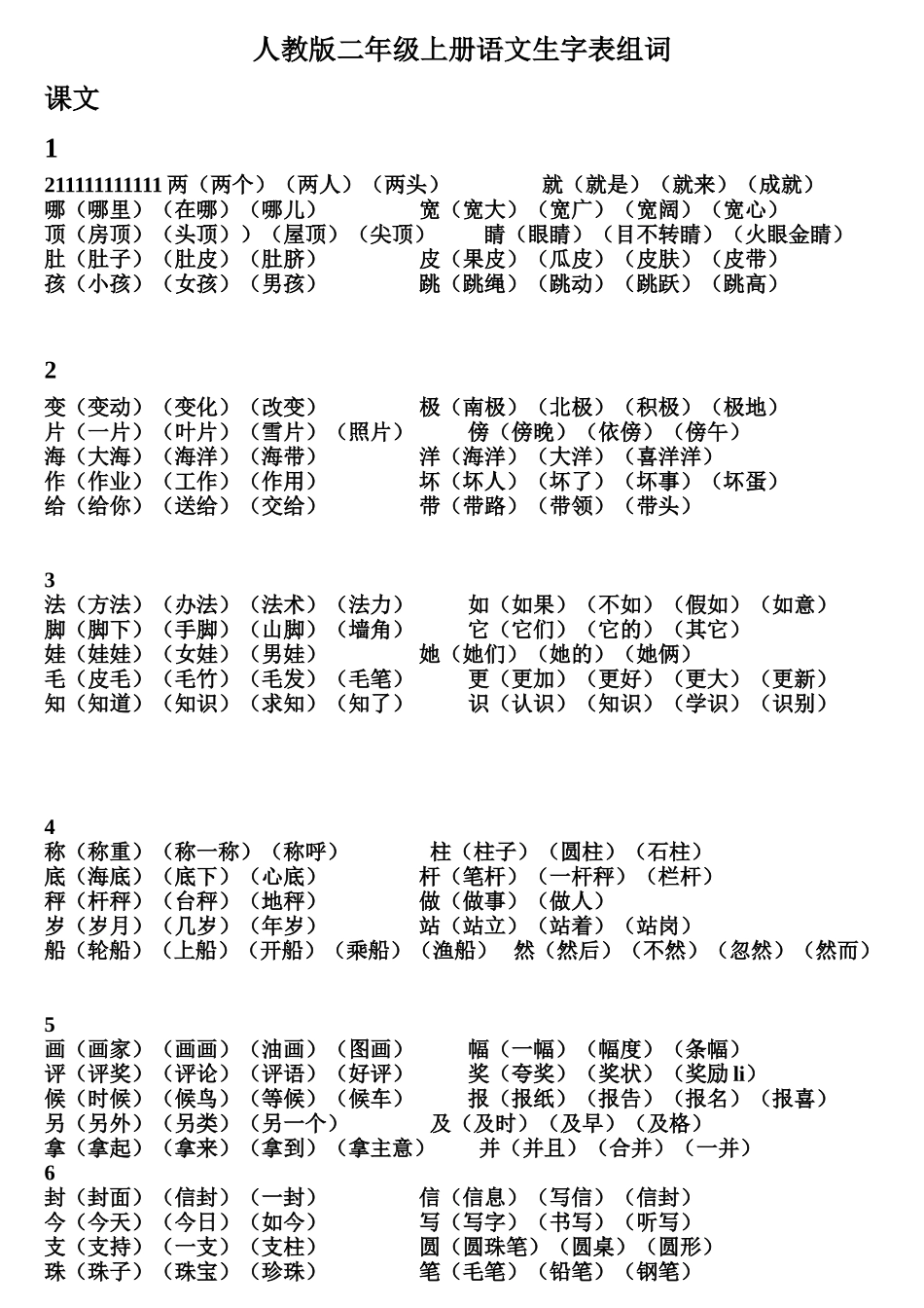 人教版二年级上册语文生字表组词_第1页