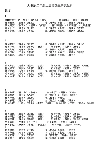 人教版二年级上册语文生字表组词