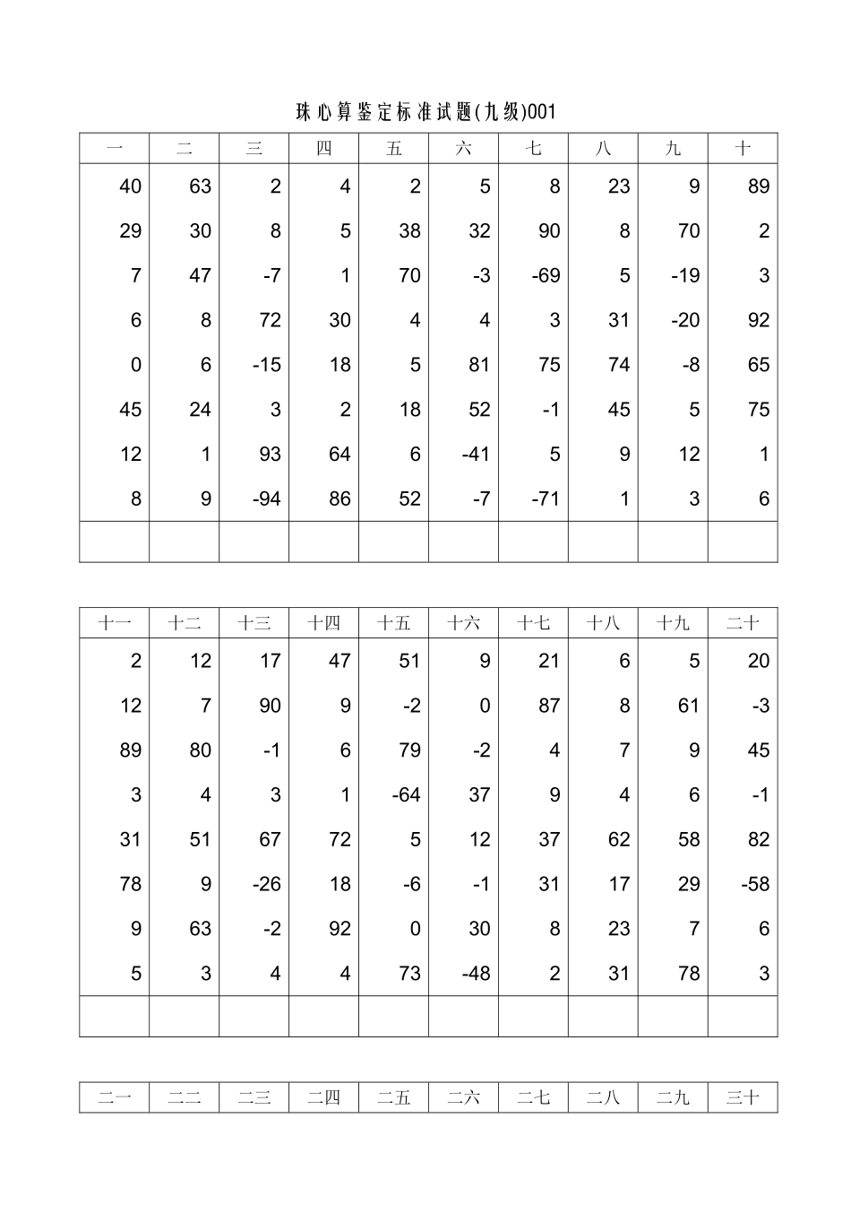 珠心算鉴定标准试题(九级)_第1页