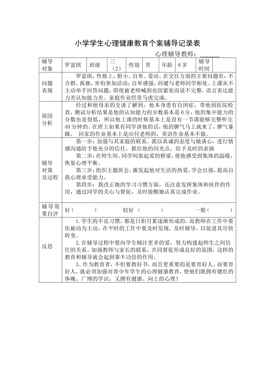 小学学生心理健康教育个案辅导记录表_第1页