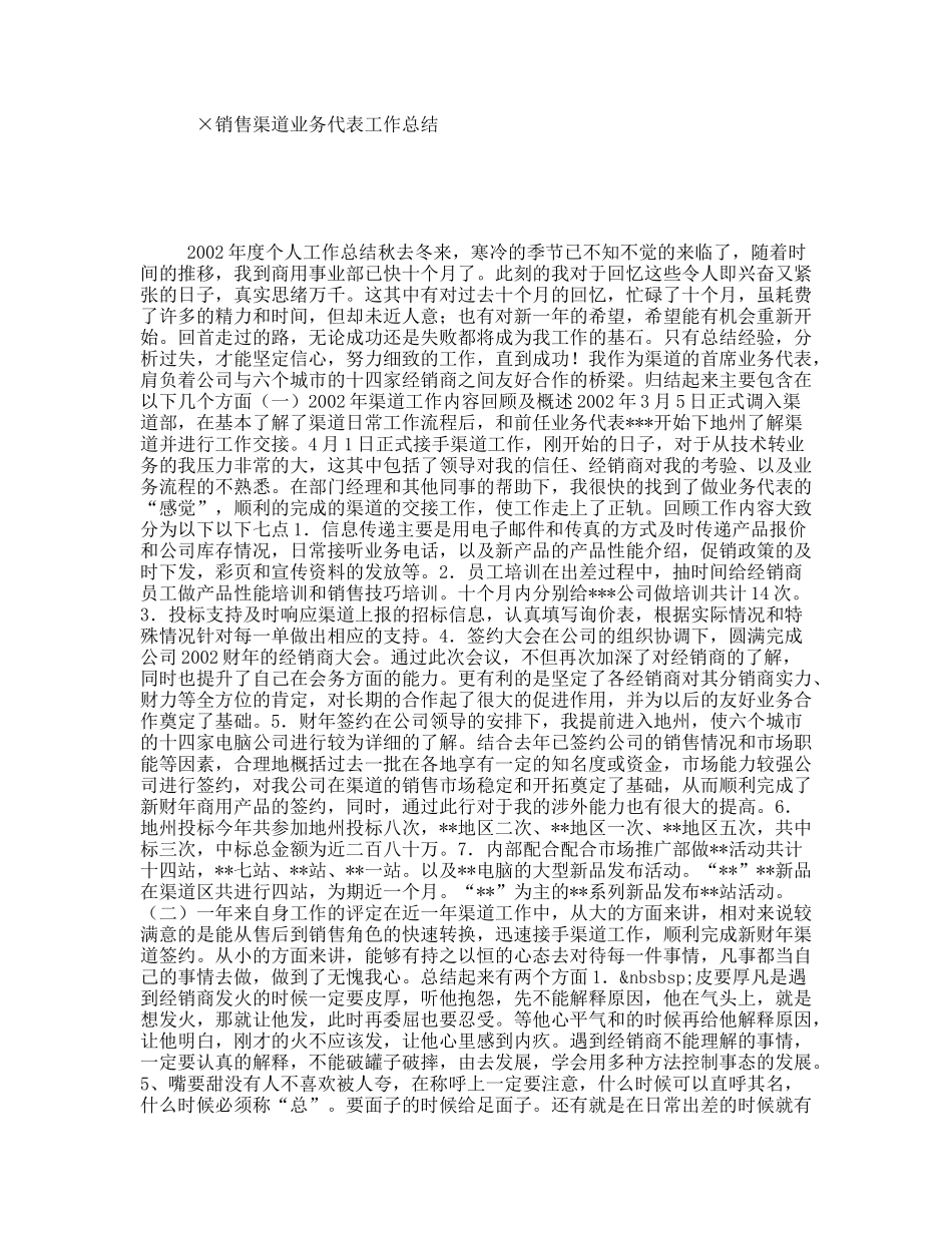 销售渠道业务代表终工作总结_第1页