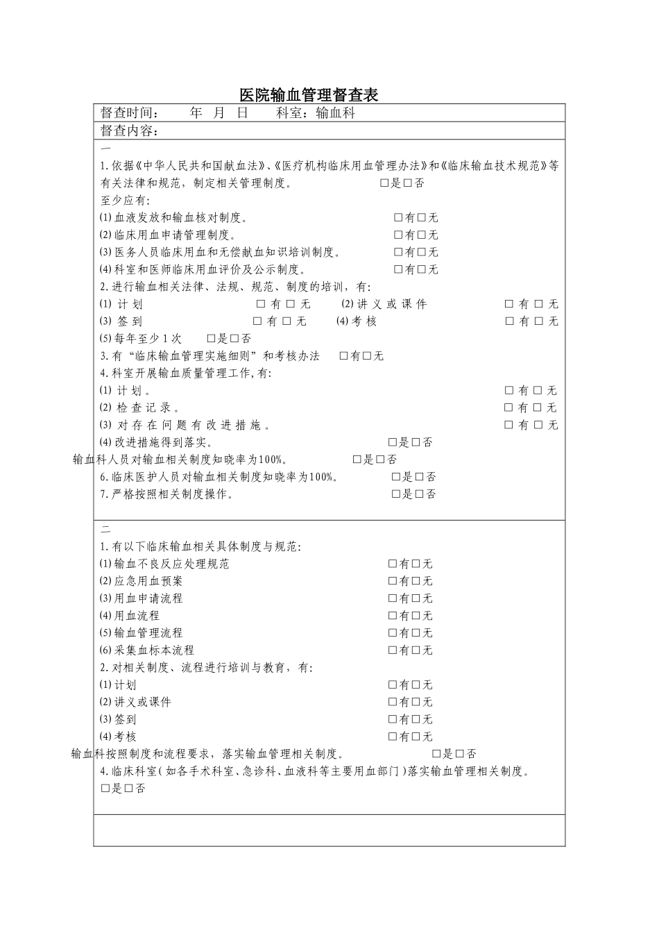 医院输血管理督查表_第1页