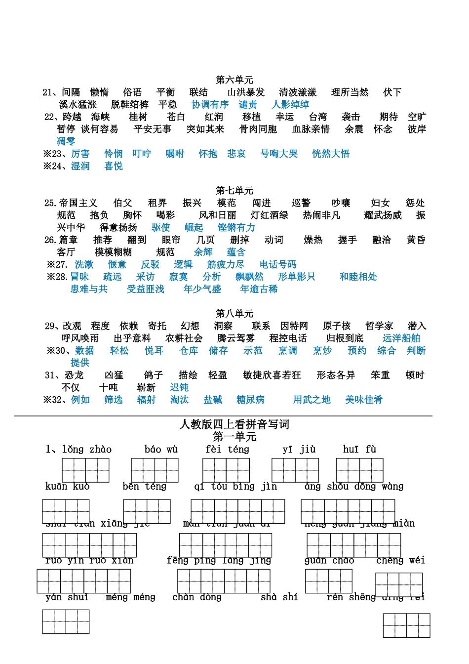 人教版四上词语（黑色字为读读写写，要求会写；蓝色字为读读认认，要求会认）_第2页