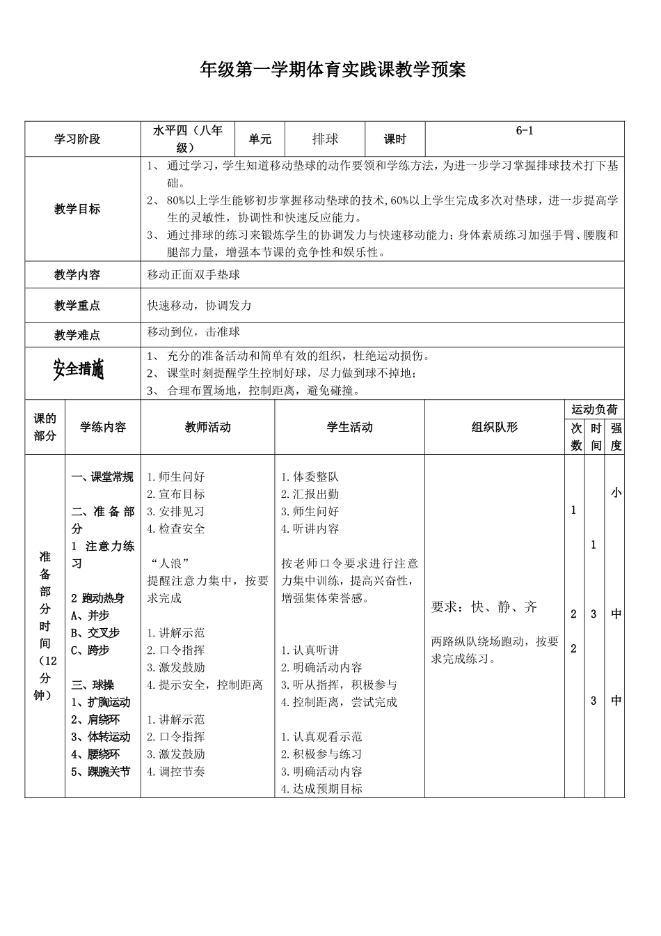 中学八年级第一学期排球体育实践课教学预案_第1页