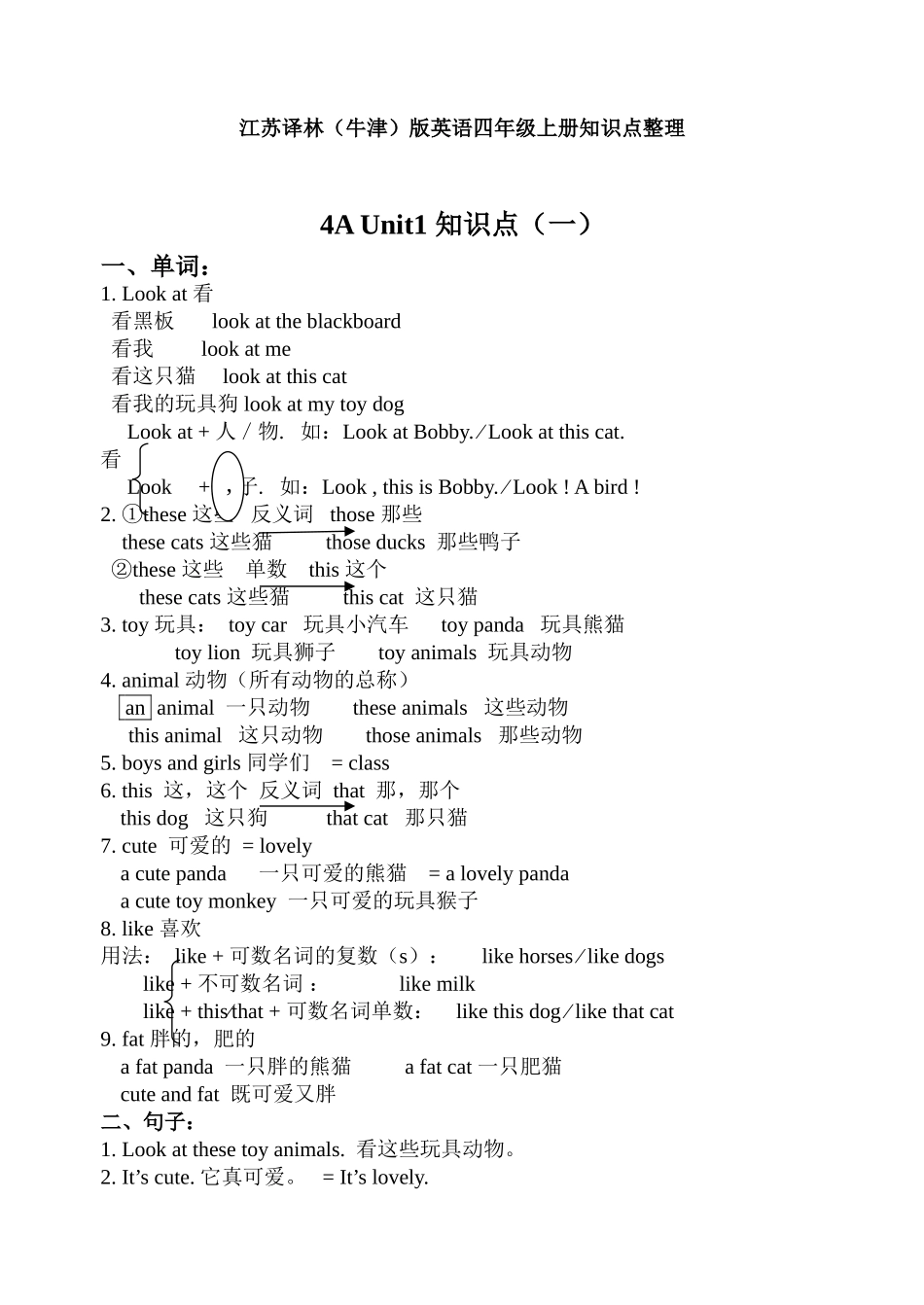 江苏译林（牛津）版英语四年级上册知识点整理_第1页
