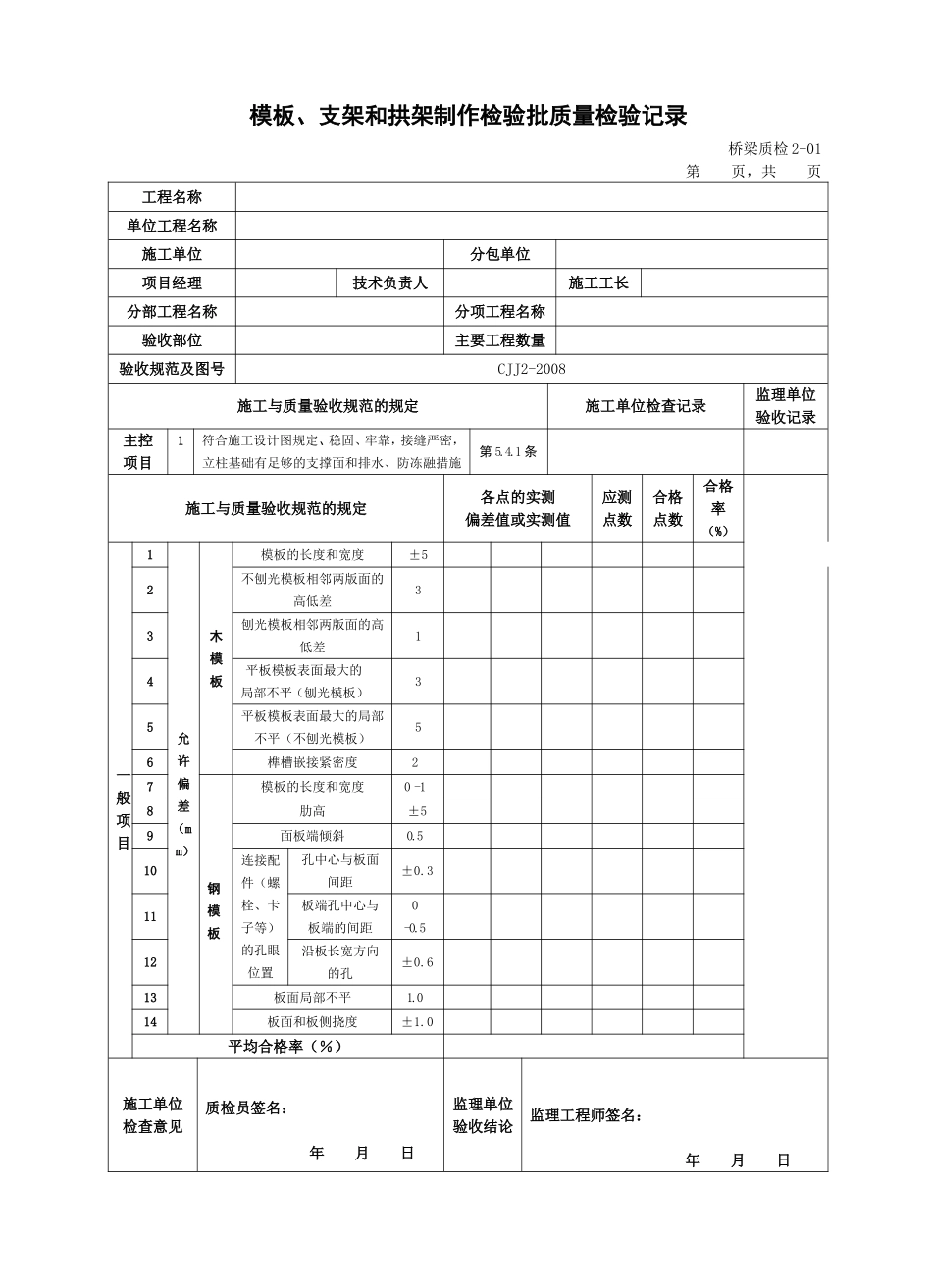 模板、支架和拱架制作检验批质量检验记录_第1页
