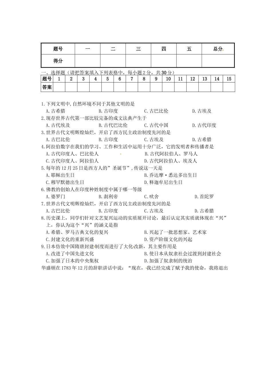 县城关初级中学九年级历史上学期期中检测试题_第1页