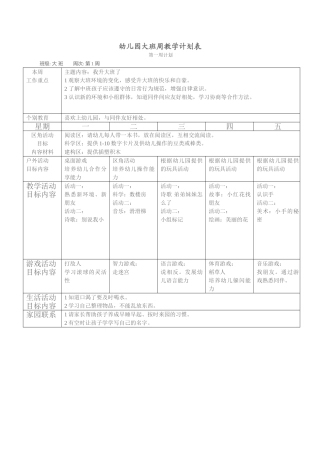 幼儿园大班周教学计划表