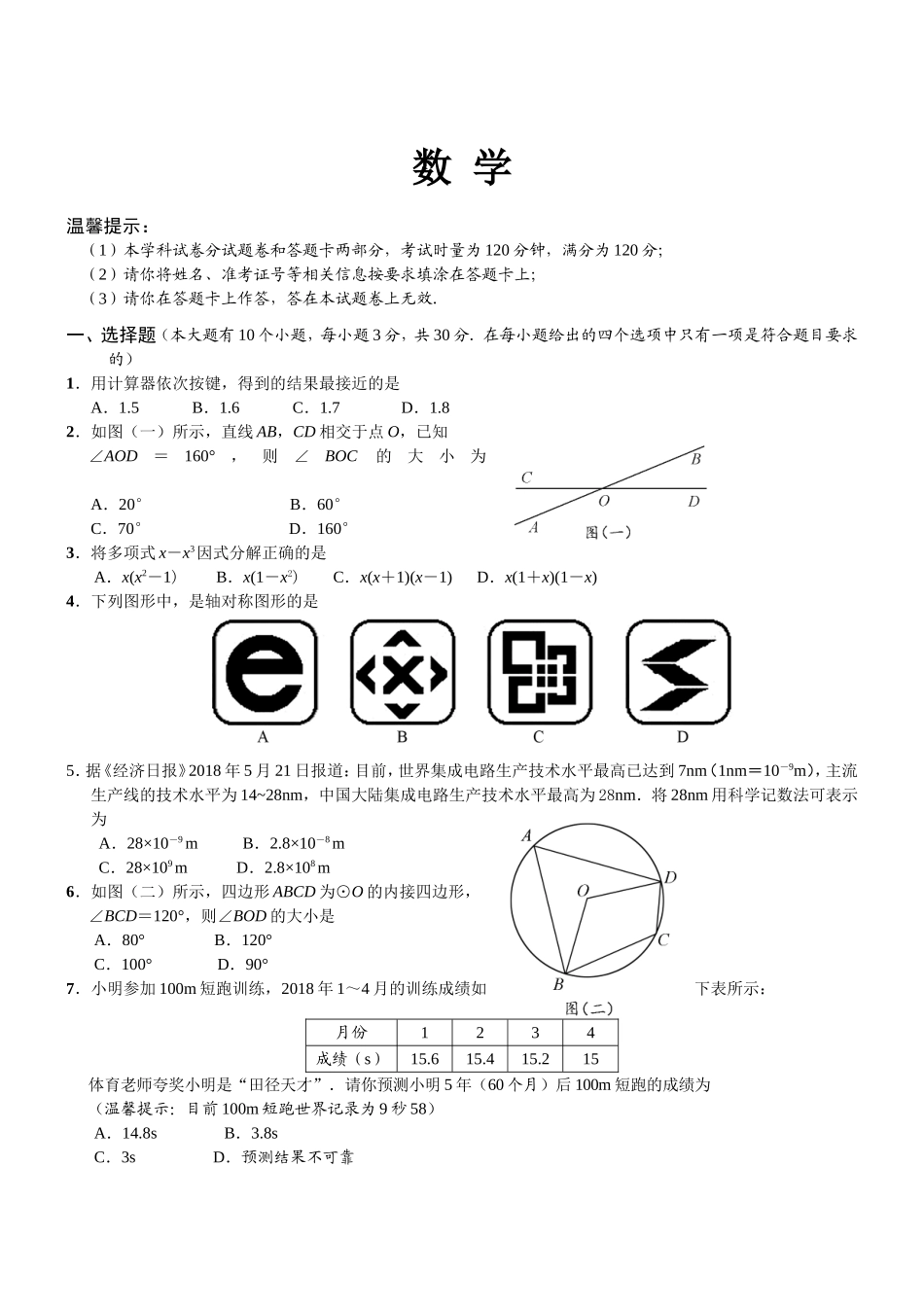 初中毕业学业考试数学试题卷_第1页