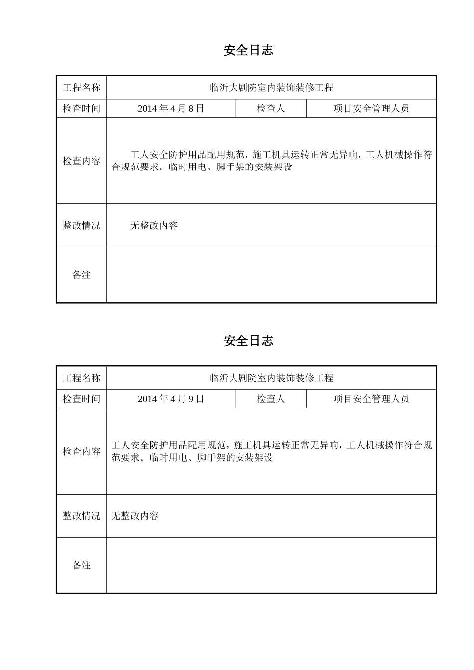 大剧院室内装饰装修工程安全日志_第2页