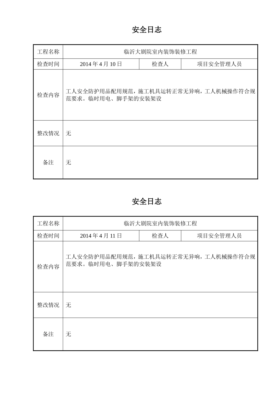 大剧院室内装饰装修工程安全日志_第3页
