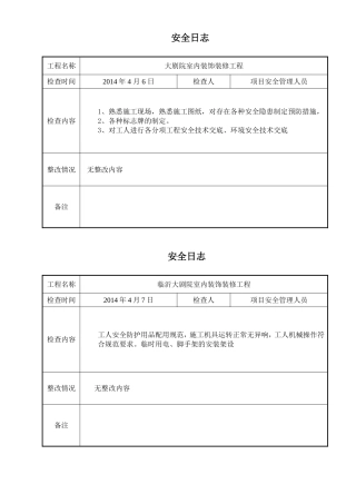 大剧院室内装饰装修工程安全日志