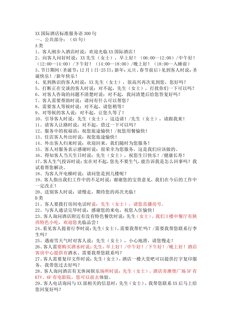 XX国际酒店标准服务语300句_第1页