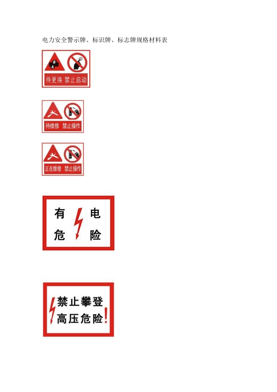 电力安全警示牌、标识牌、标志牌规格材料表_第1页