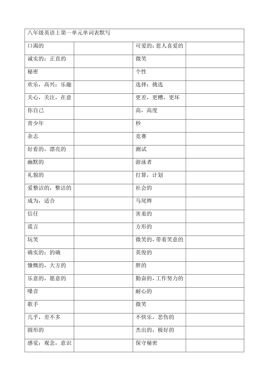 八年级英语上第一单元单词表默写_第1页