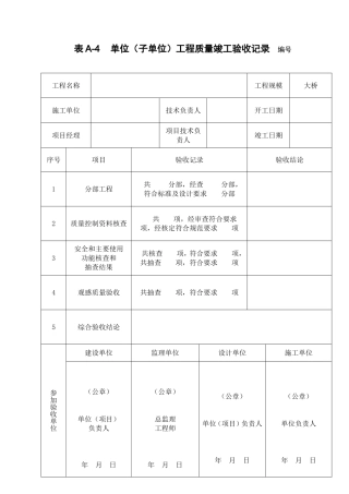 单位（子单位）工程质量竣工验收记录编号