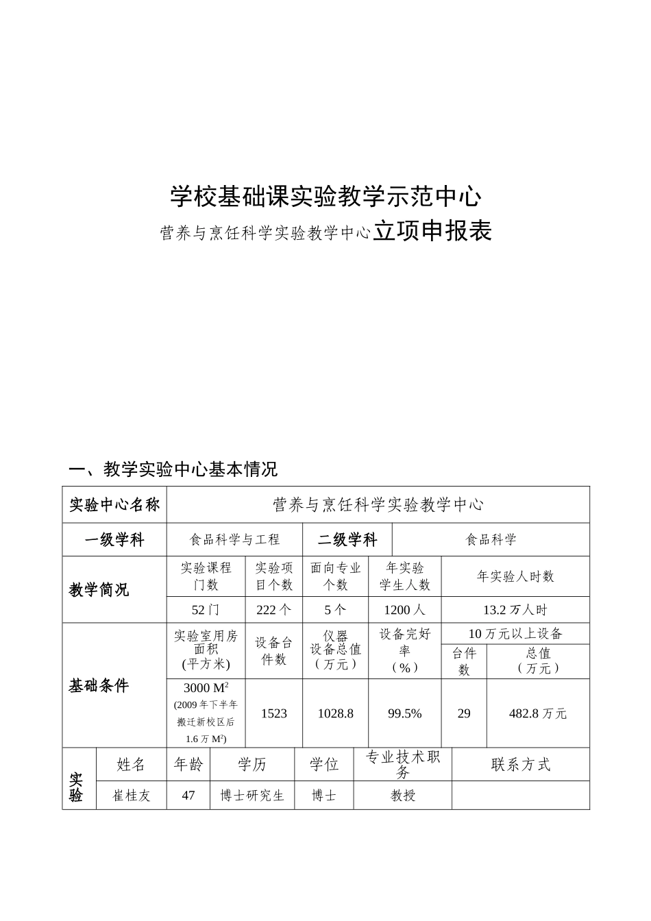 高等学校基础课实验教学示范中心营养与烹饪科学实验教学中心立项申报表_第1页