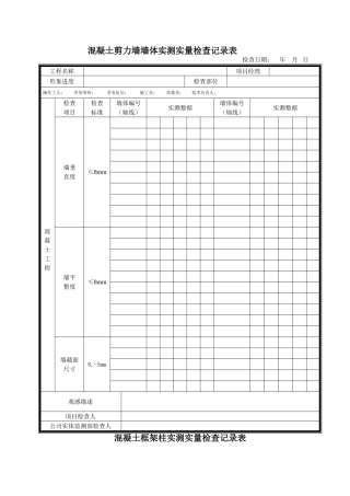 混凝土剪力墙墙体实测实量检查记录表