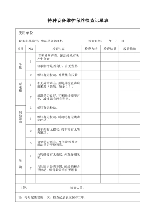 电动单梁起重机 特种设备维护保养检查记录表