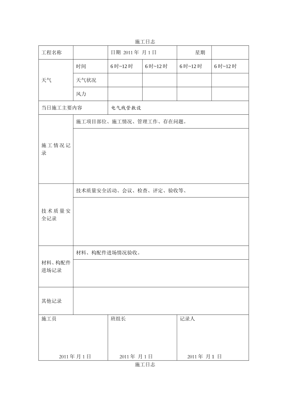 电气线管敷设施工日志_第1页