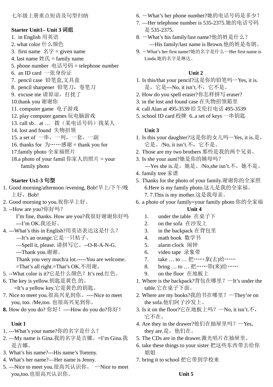 七年级上册重点短语及句型归纳_第1页