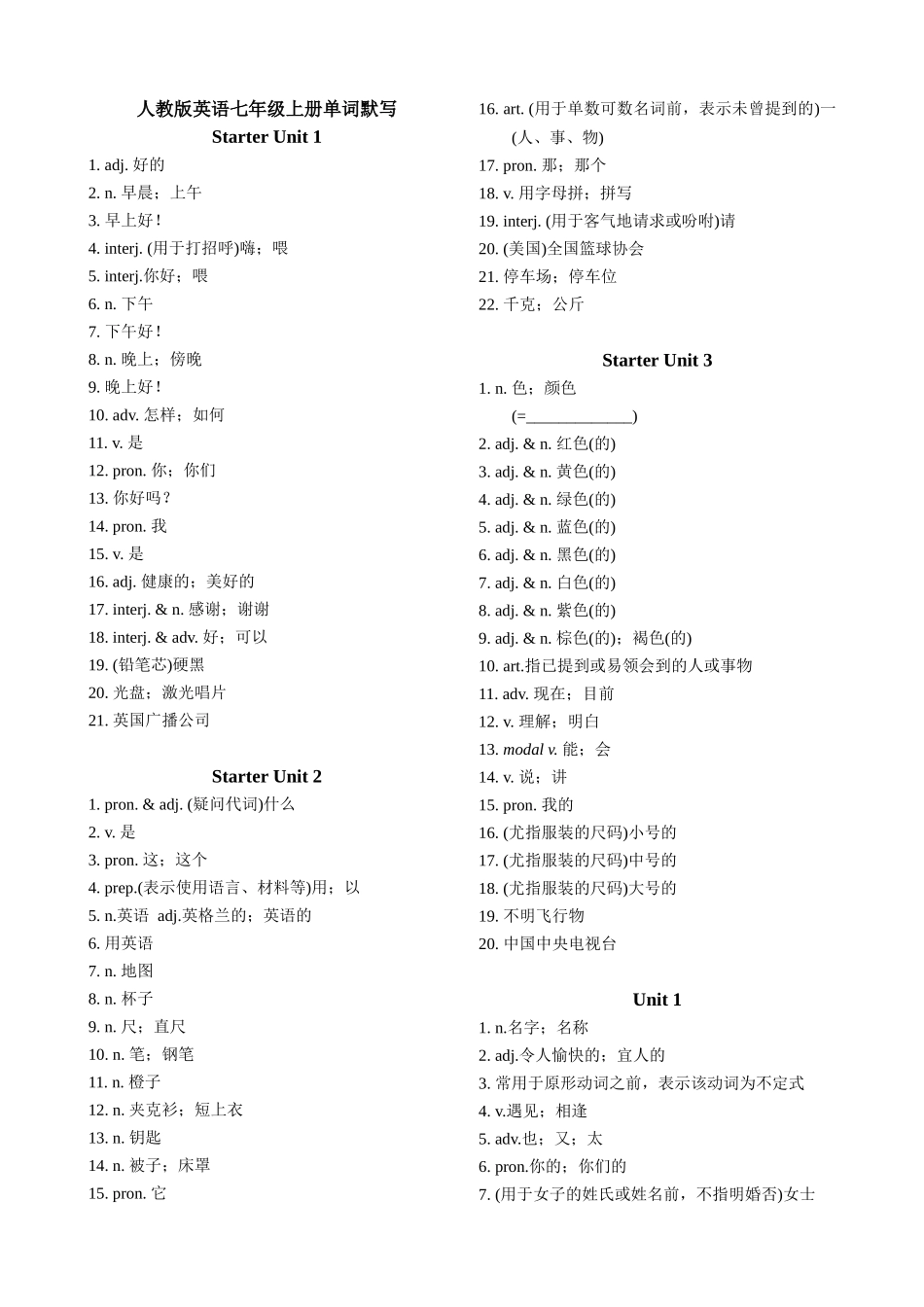 人教版英语七年级上册单词默写_第1页