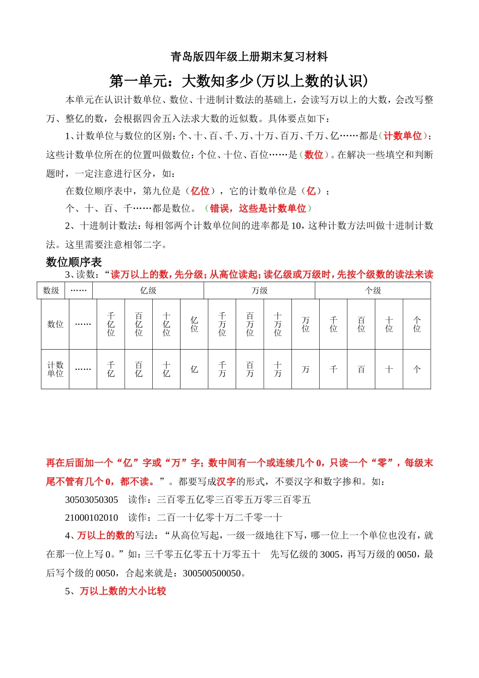 青岛版四年级上册数学期末复习材料_第1页