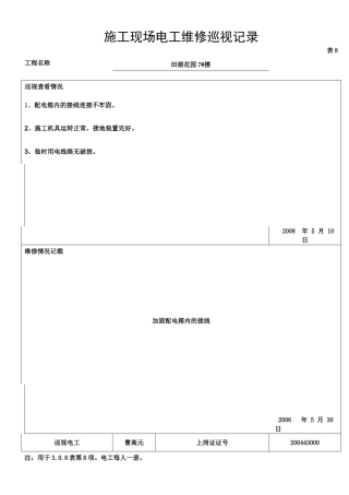 施工现场电工维修巡视记录