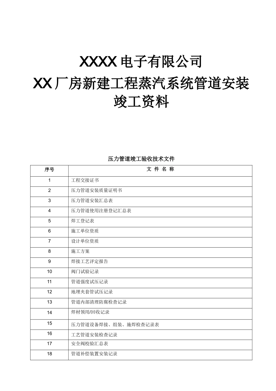 XXXX电子有限公司厂房新建工程蒸汽系统管道安装竣工资料_第1页