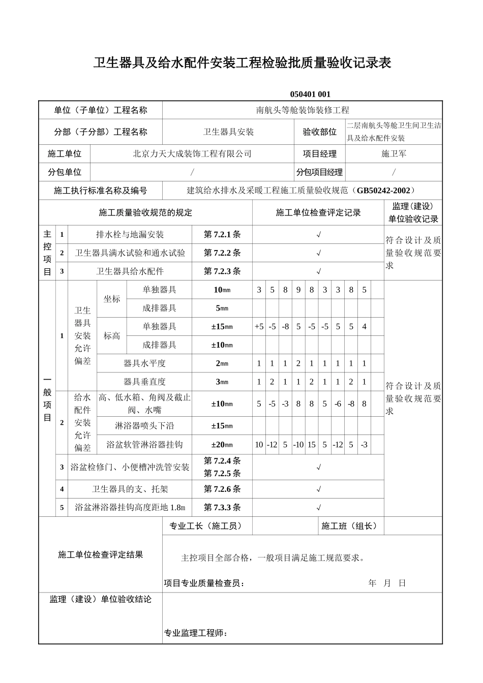 头等舱装饰装修工程卫生器具及给水配件安装工程检验批质量验收记录表_第1页