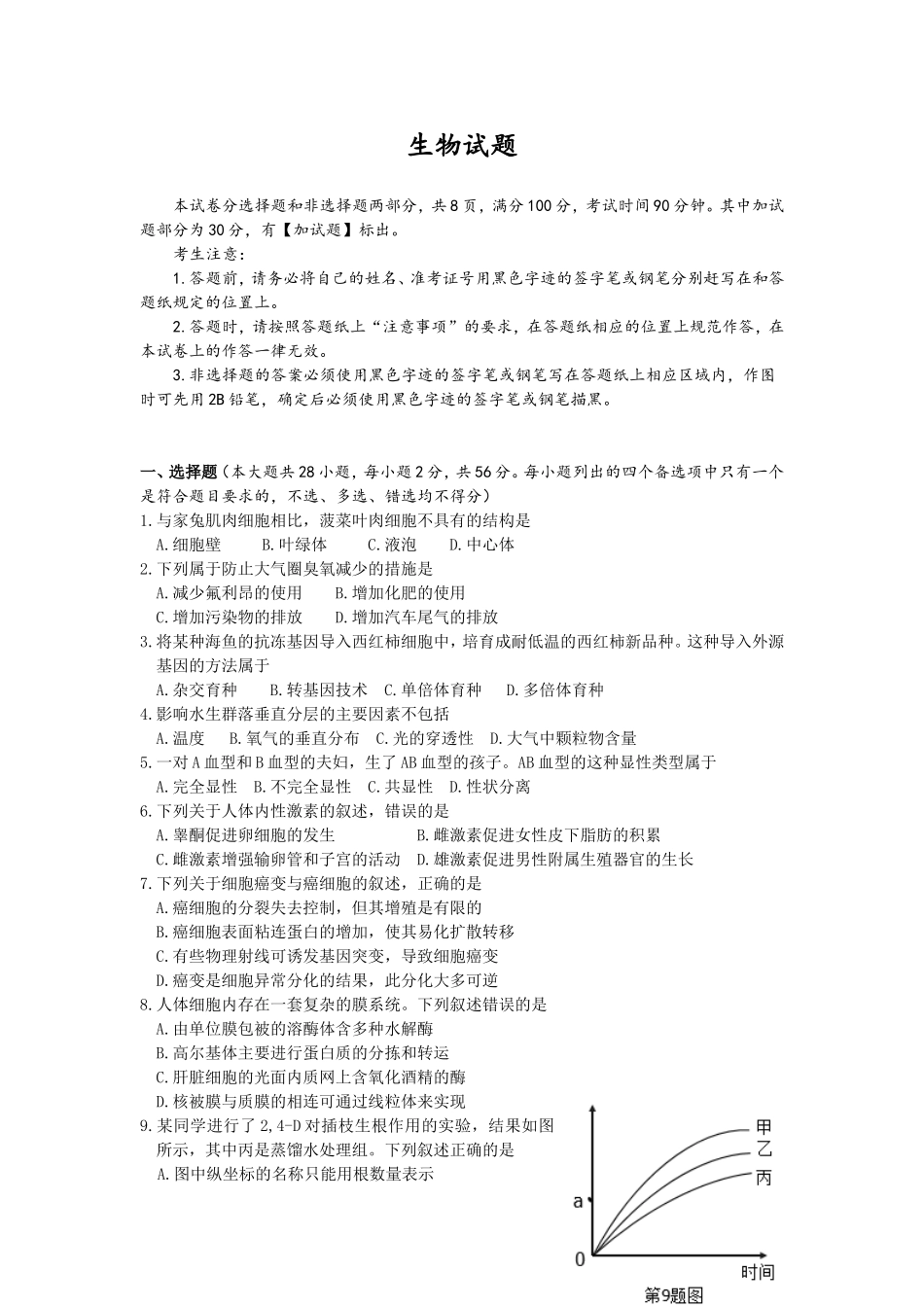 省普通高校招生选考科目考试生物试题_第1页