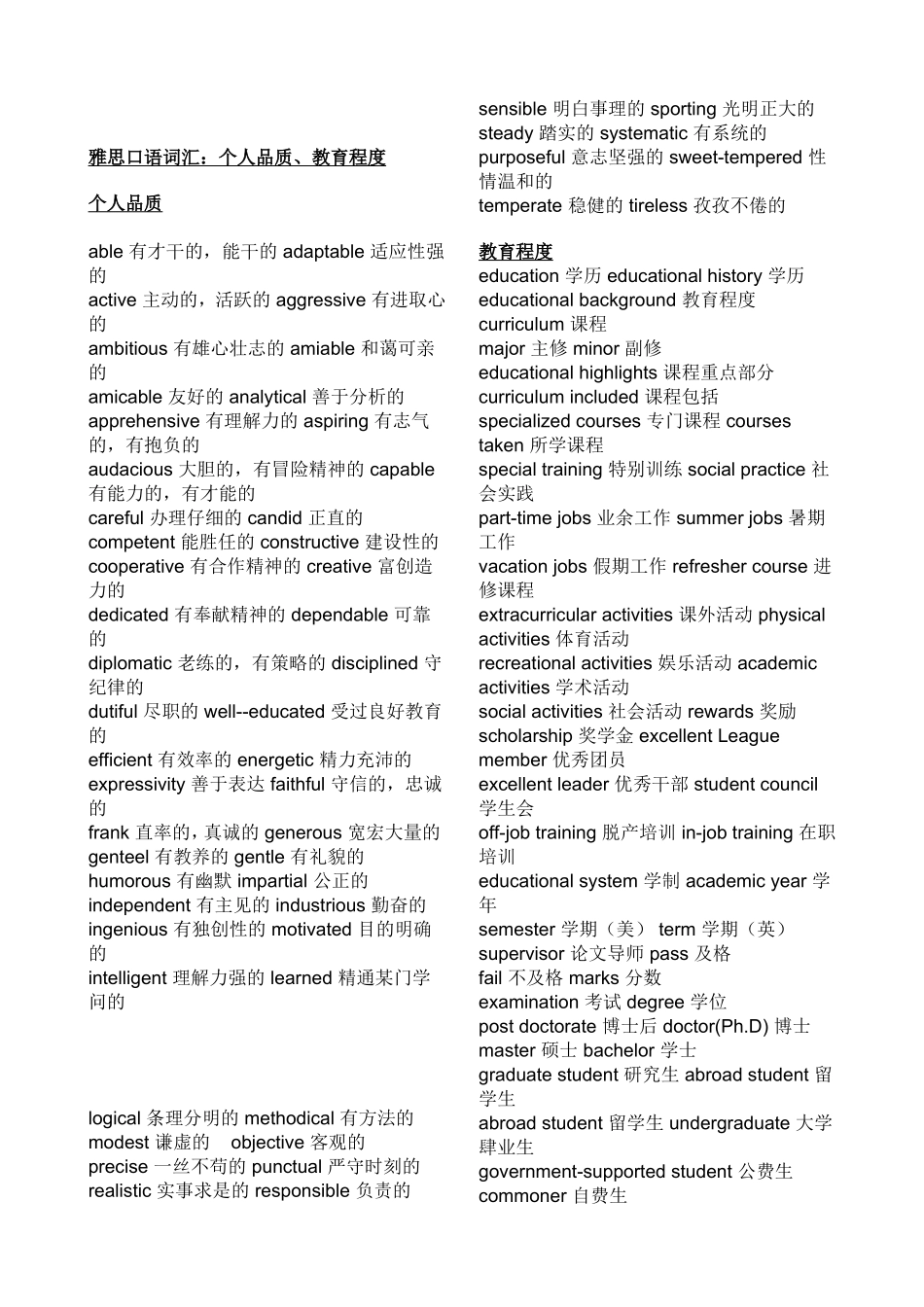 雅思口语词汇：个人品质、教育程度_第1页