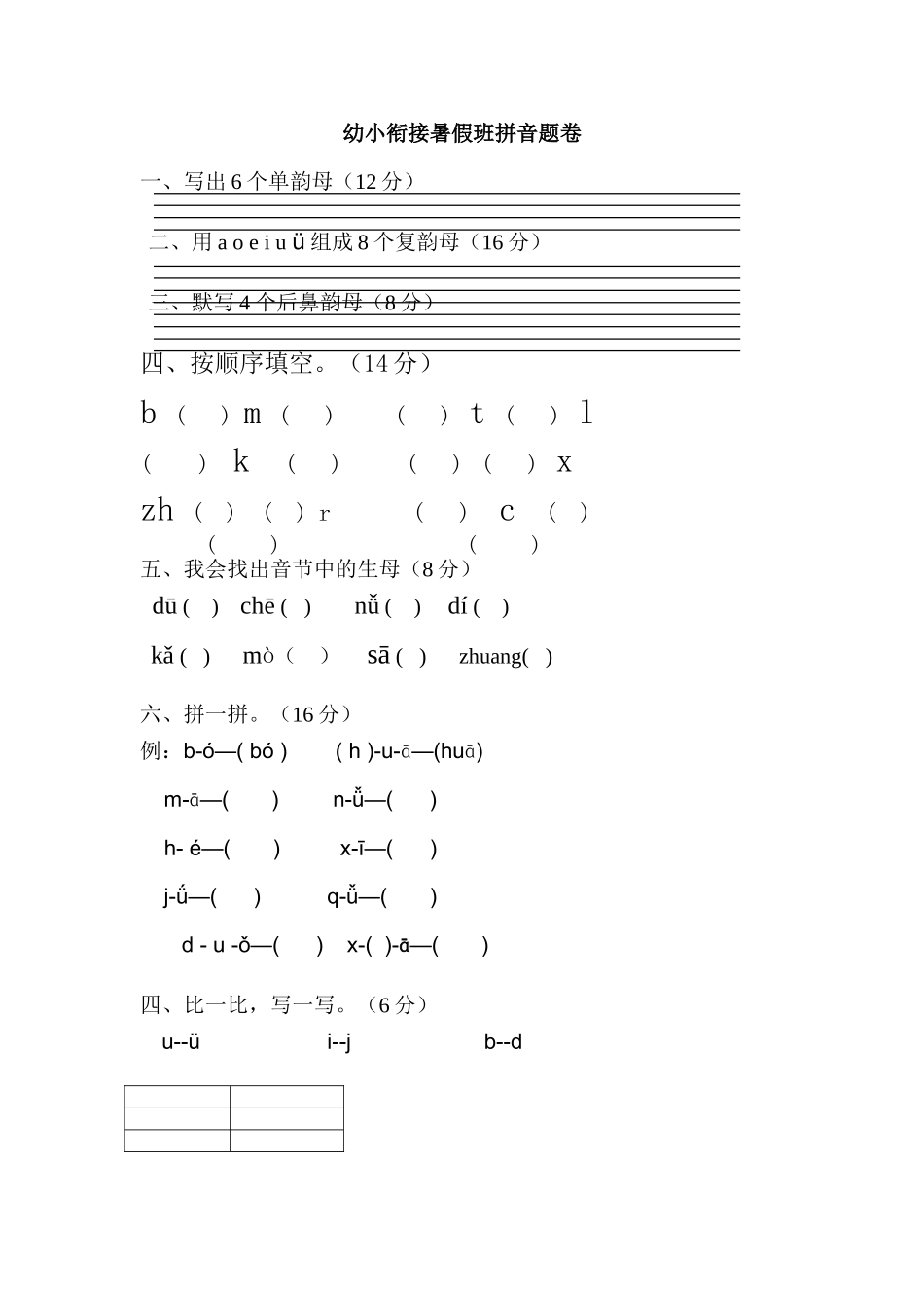 幼小衔接暑假班拼音题卷_第1页