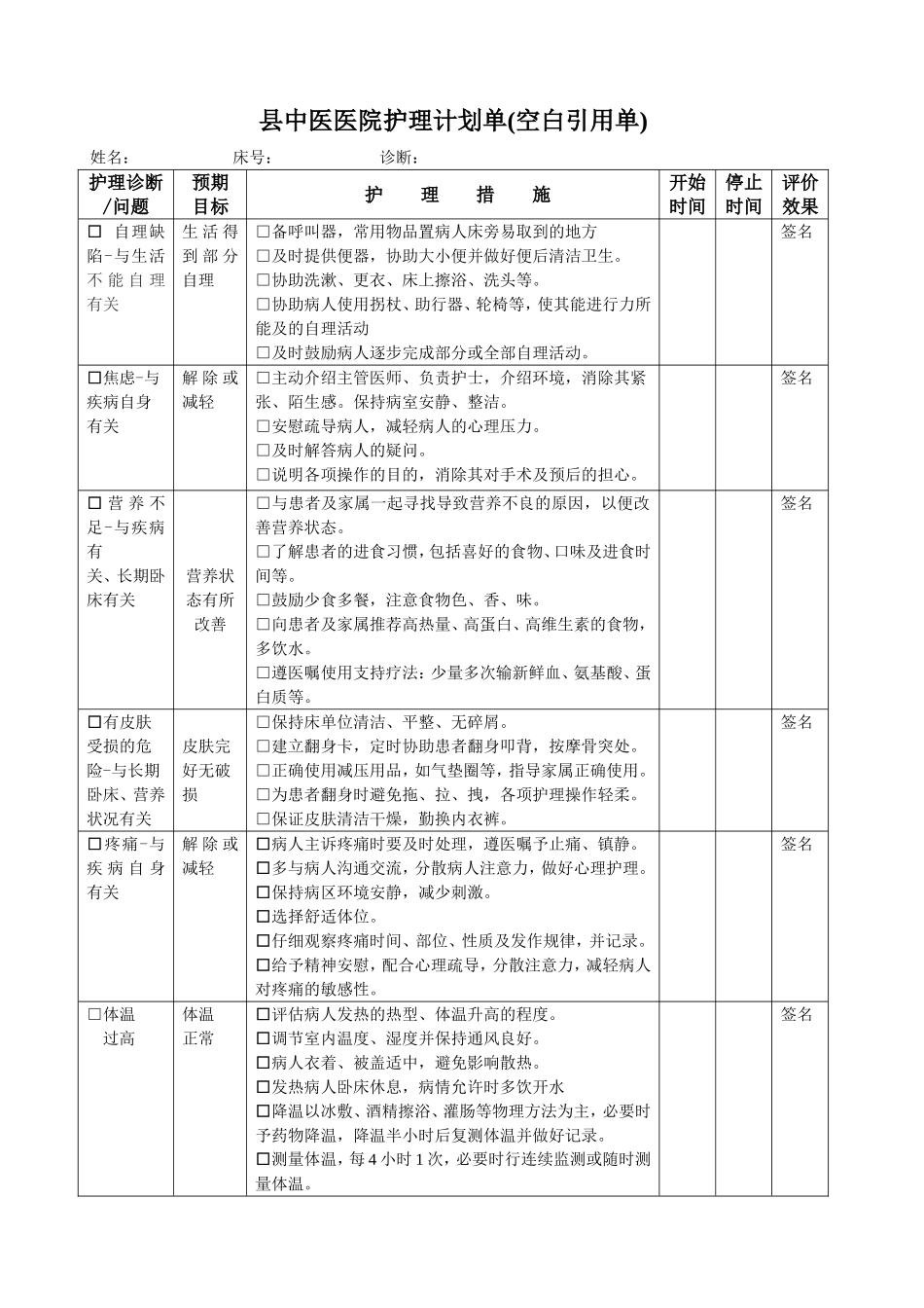 县中医医院护理计划单(空白引用单)_第1页