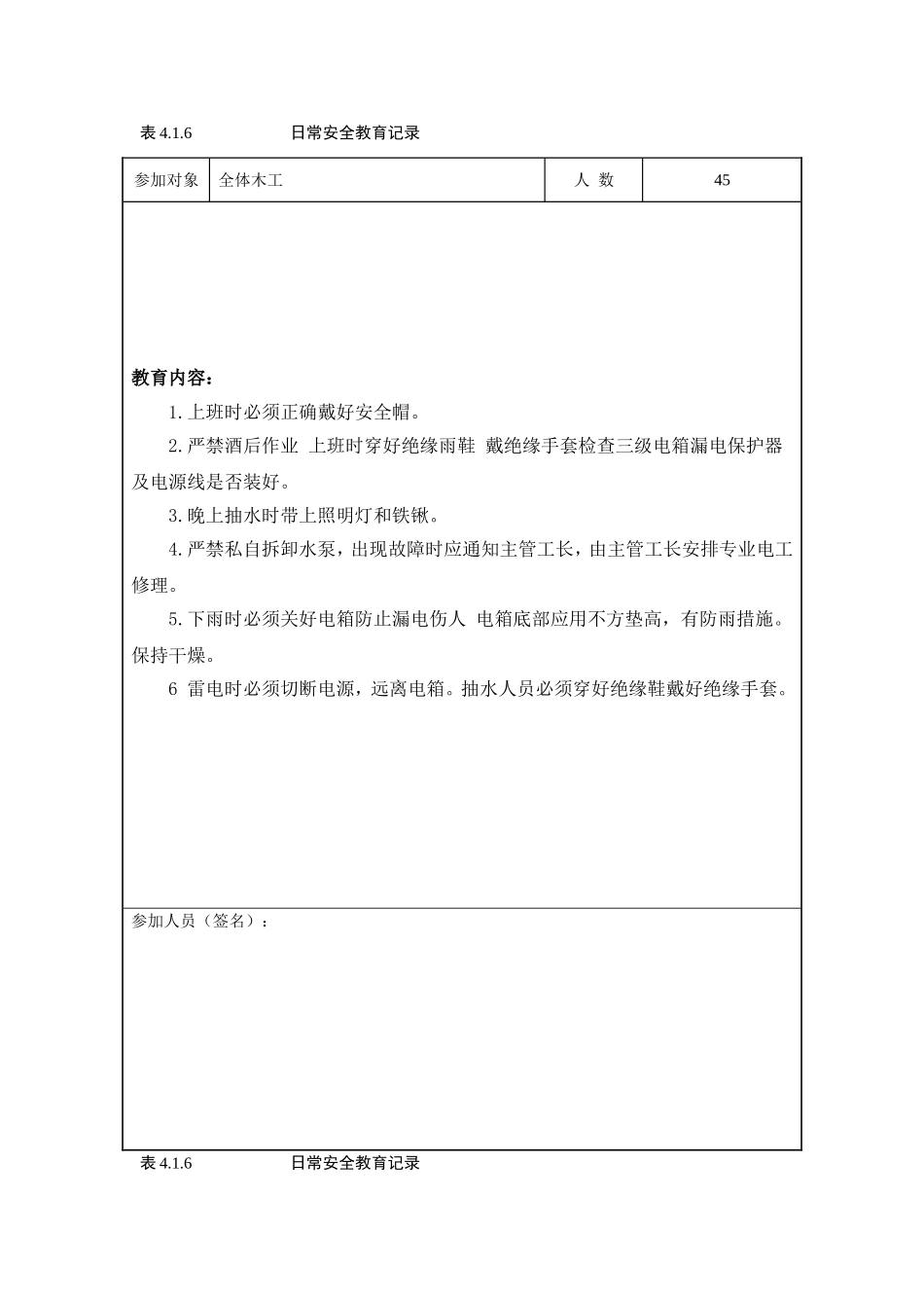 项目部民工学校日常安全教育记录_第1页