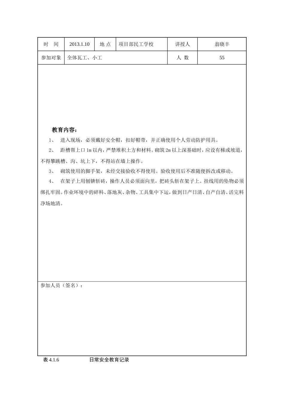 项目部民工学校日常安全教育记录_第2页