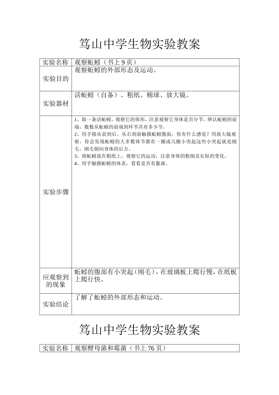 中学生物实验教案 观察蚯蚓 酵母菌_第1页