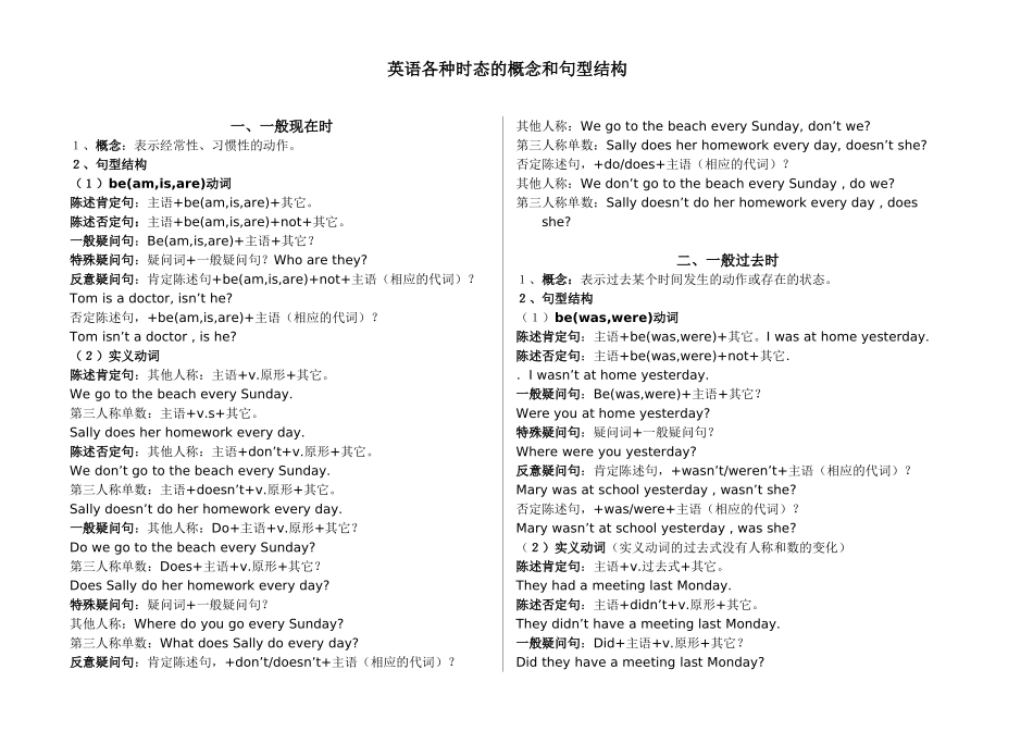 英语各种时态的概念和句型结构_第1页