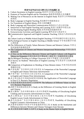 英语专业毕业生论文跨文化方向选题汇总