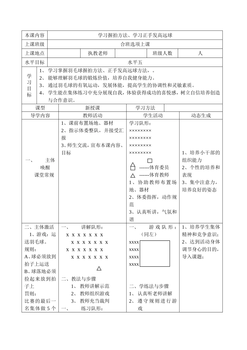 学习握拍方法、学习正手发高远球 羽毛球教案_第1页