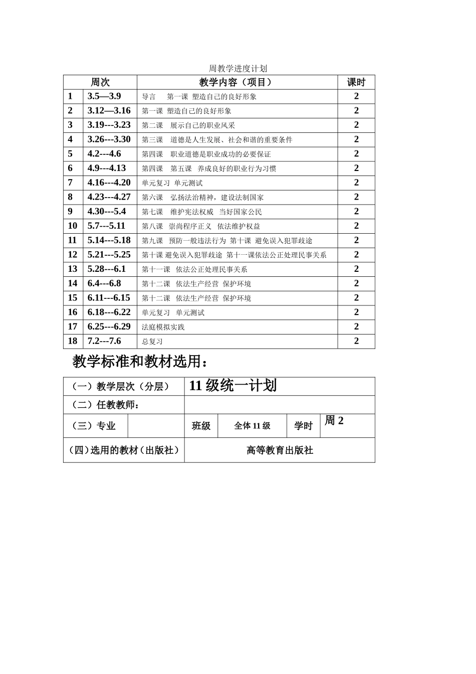 职业道德与法律课程 周教学进度计划_第1页