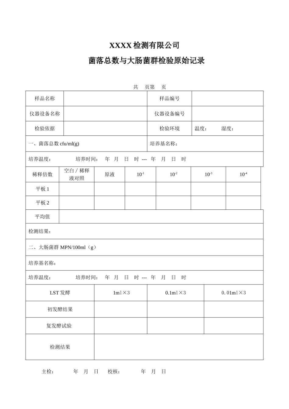 XX检测有限公司菌落总数与大肠菌群检验原始记录_第1页