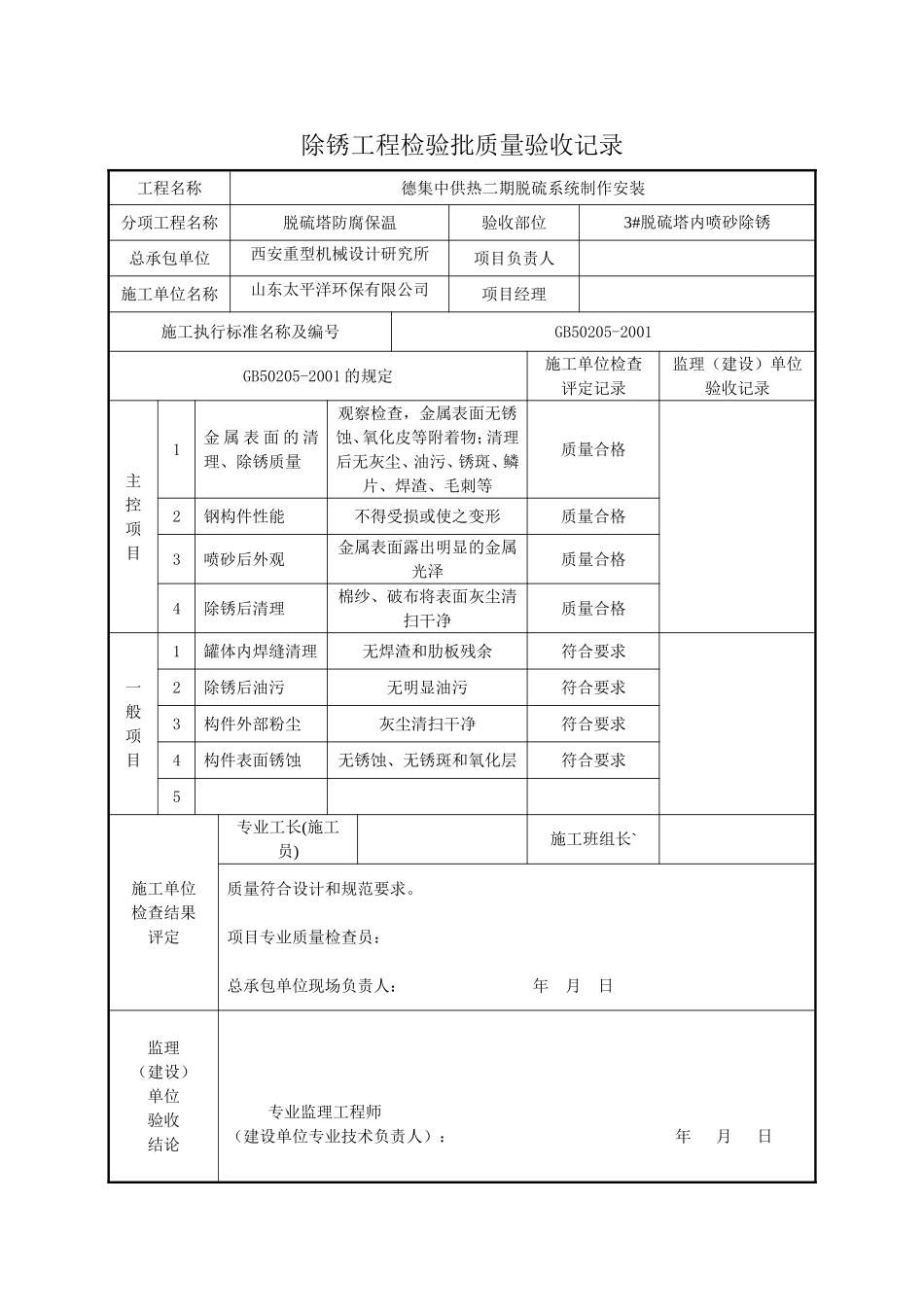 德集中供热二期脱硫系统制作安装除锈工程检验批质量验收记录_第1页