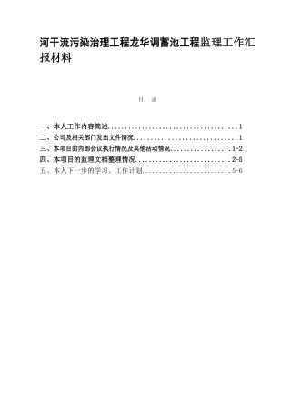 河干流污染治理工程龙华调蓄池工程监理工作汇报材料