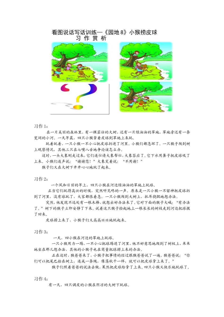看图说话写话训练—《园地8》小猴捞皮球习作赏析_第1页