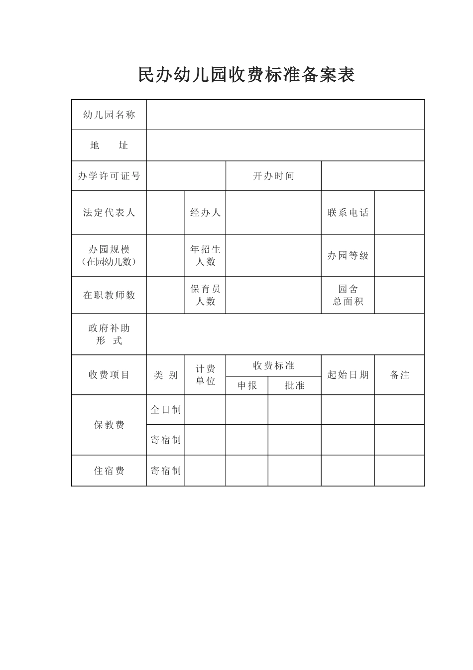 民办幼儿园收费标准备案表_第1页