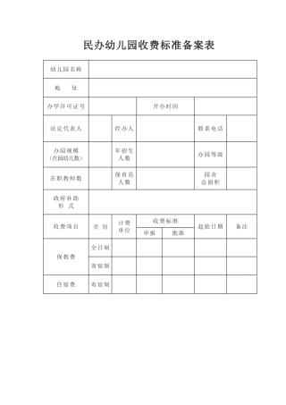 民办幼儿园收费标准备案表