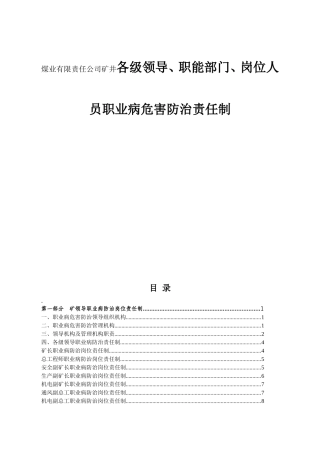 煤业有限责任公司矿井各级领导、职能部门、岗位人员职业病危害防治责任制