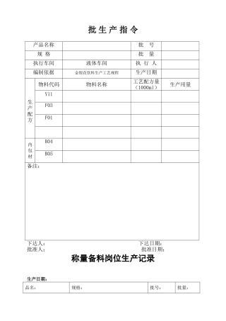 批生产指令称量备料岗位生产记录