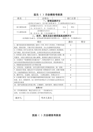 医生（）月份绩效考核表